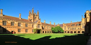 A wider view of the main Quadrangle buildings. The architect Edmund Blacket designed the original Neogothic sandstone Quadrangle and Great Tower buildings, which were completed in 1862. (Wikipedia)