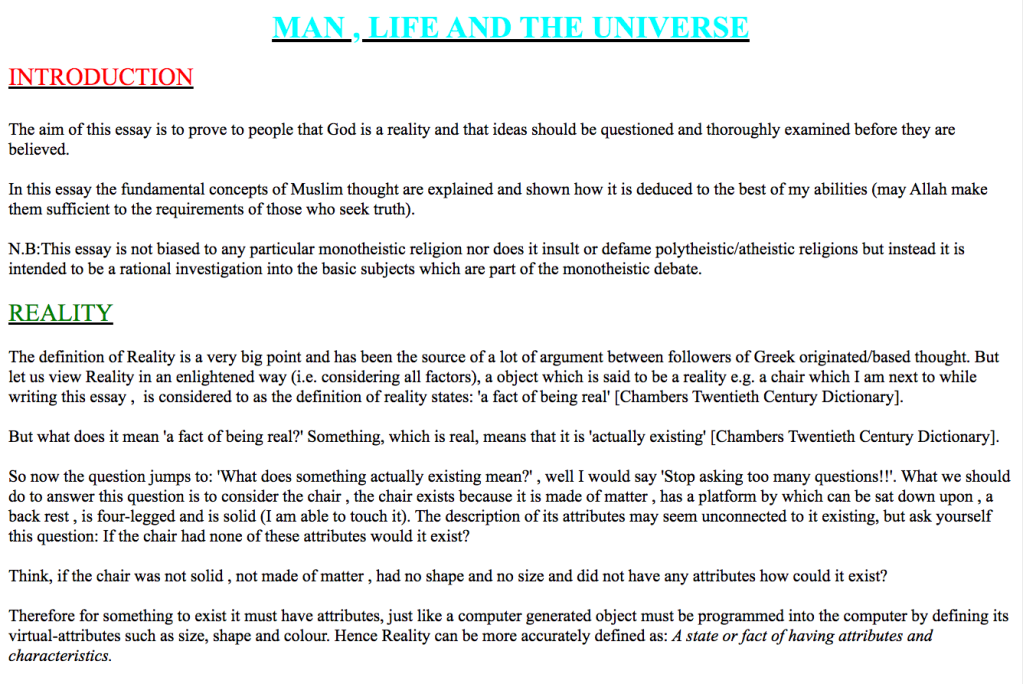 An essay on Tawheed (one of my early essays on rationality and the proof of&nbsp;God)